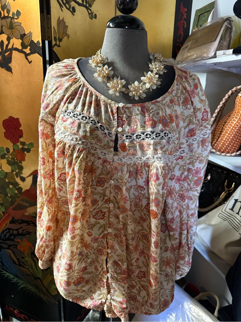 Old Navy Floral Peasant Blouse in Cream, Pink & Orange